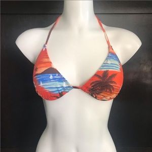 Raisins orange & blue palm tree scenic bikini top